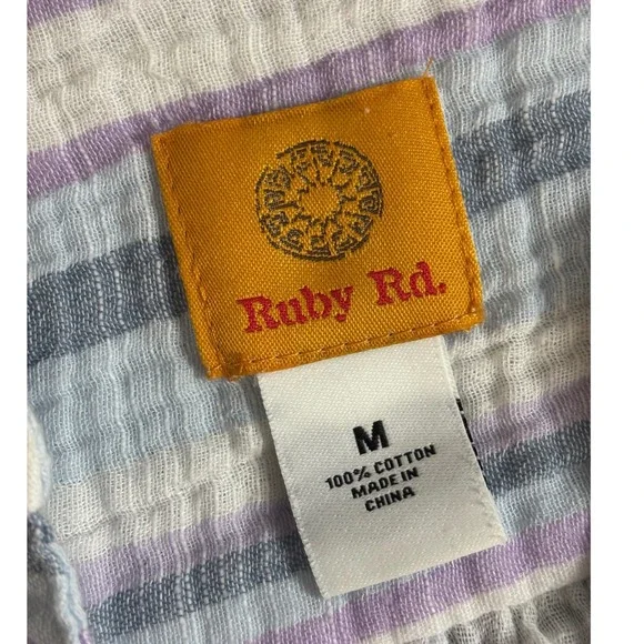 Ruby Rd Womens Cotton Gauze Striped Henley Top Medium Coastal Beachy Casual - Picture 3 of 5